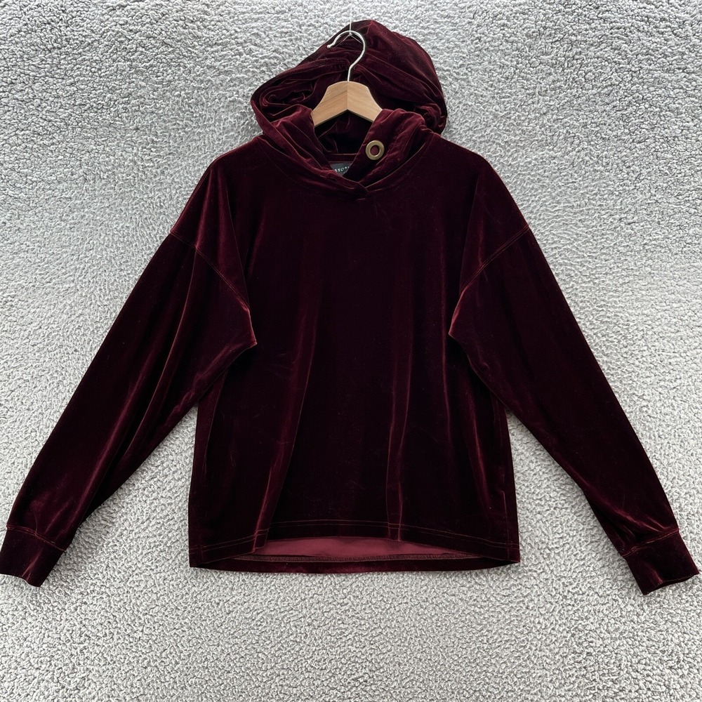 Anthropologie Storia Sweater Women Small Burgundy Velour Relaxed Casual Hoodie